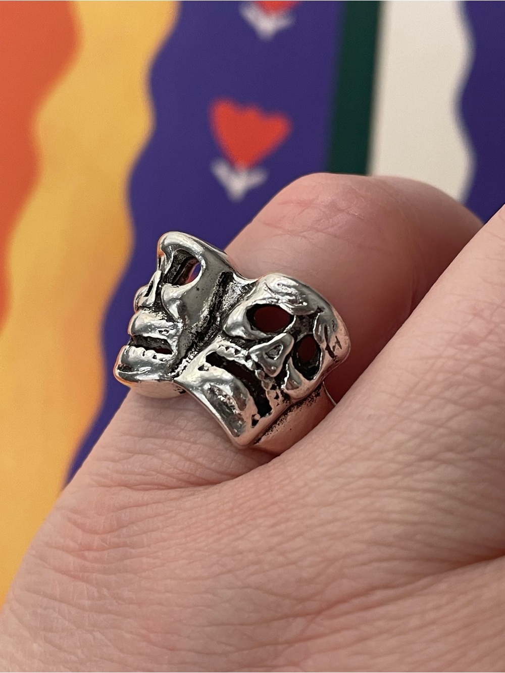 Vintage silver metal comedy & tragedy ring grotesque spooky sz 6.75 sterling?